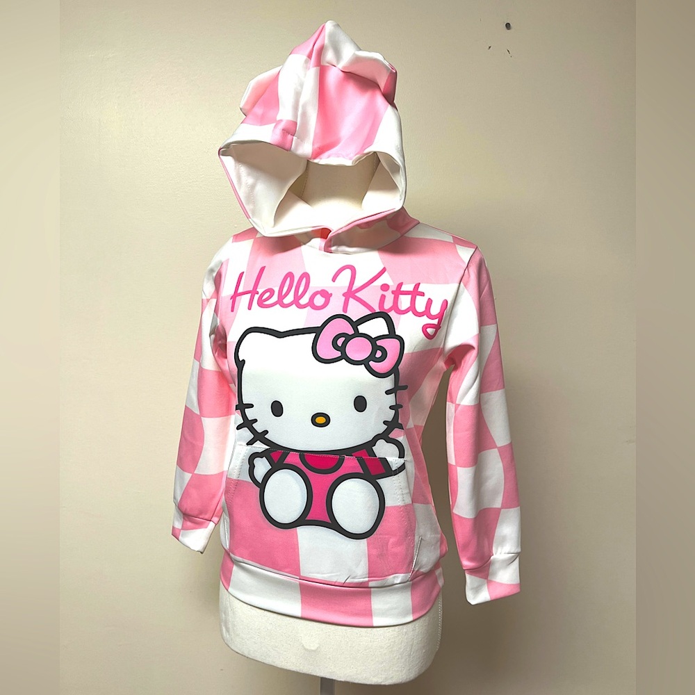 Hello Kitty Pink Checkered Kids Hoodie, NIP, LS, ears on hood,P2P 16”, hem 15”